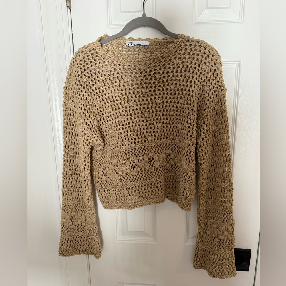 Zara Tan Open-Knit Top Crochet
